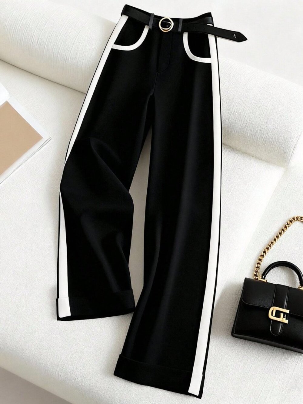 Black And White Casual Women's Loose Elegant Wide Leg Pants & Color Block